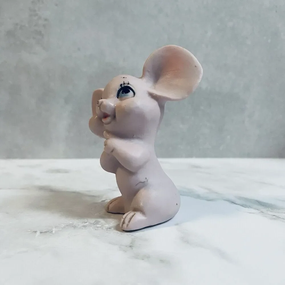 Vintage Kitsch Pink Ceramic Big Ear Mouse Figurine Japan
